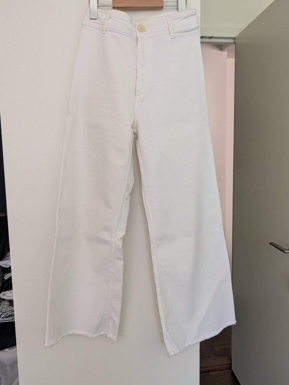 Zara The Marine Straight White Wide-Leg Jeans Raw Hem High Rise Size 4 EUR 36